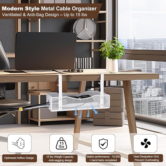 Extra Wide Under Desk Cable Management - No Drill Installation Cable Management Tray, Modern Cord Organizer for Office/Home Desk, Fits Power Strips & Wires((White, XL)