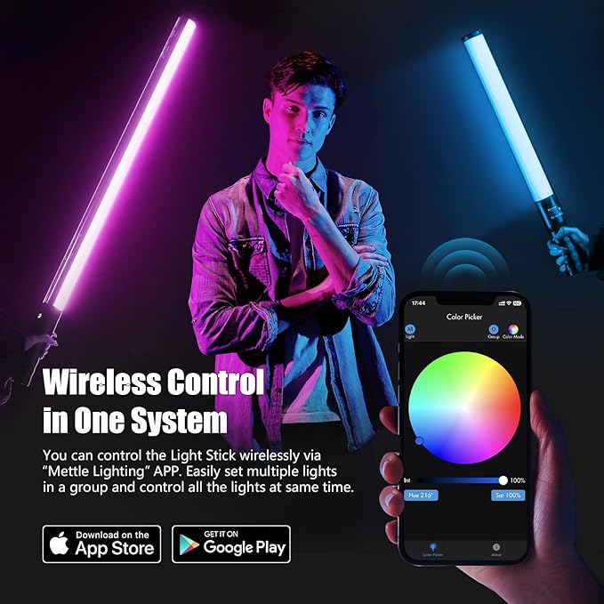 Mettlelite LS800C RGB LED Light Stick Full Color Continuous Output Video Light 3.2 ft with APP Control 2800K-8000K CRI96 TLCI 97 RGB CCT HSI Light Effects Built in Rechargeable Battery