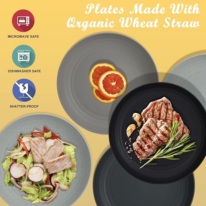 Wheat Straw Dinner Plates - 10 Inch Unbreakable Set of 8 - Dishwasher & Microwave Safe Reusable Plates - Lightweight for Kitchen, Camping (Classic Series)