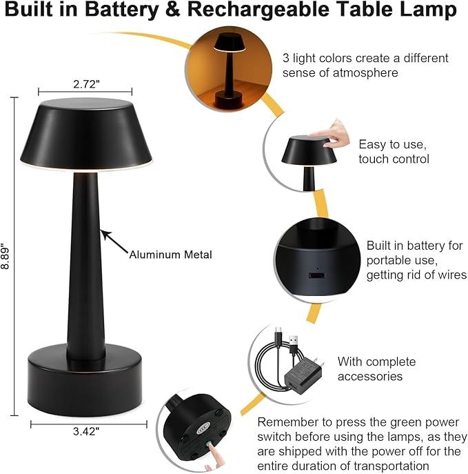 2 Pack Small Cordless Table Lamp, Battery Operated Black Lamp for Restaurant Dinner Table, Rechargeable 3-Way Dimmable Touch Light Portable Metal Night Light for Bedside Dining Room Patio Bar Outdoor