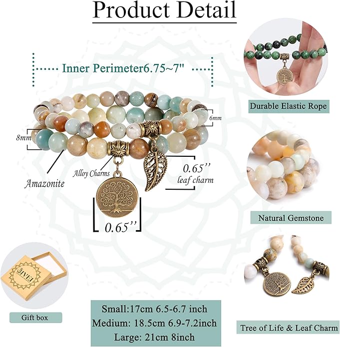 Bivei Natural Semi Precious Gemstone beads bracelet for women - Life Tree and Leaf Charm Energy Reiki Crystal Stretch Bracelets