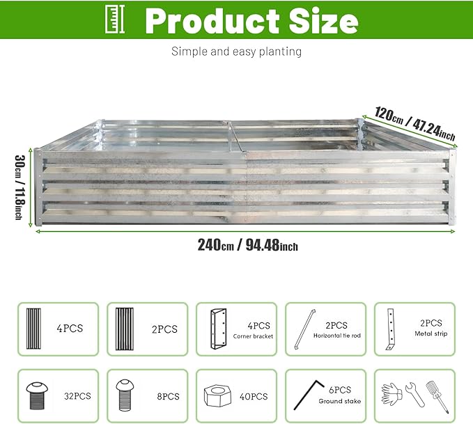 Raised Garden Bed, Raised Beds for Gardening Outdoor for Vegetables and Flowers Ground Planter Box, Galvanized Metal Planter Grow Garden Box，8x4x1ft