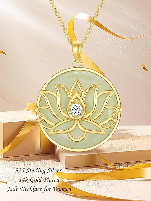 Jade Lotus Necklace for Women 14k Gold Plated Sterling Silver Good Fortune Jade Jewelry Birthday Christmas Gifts for Women Mom Wife