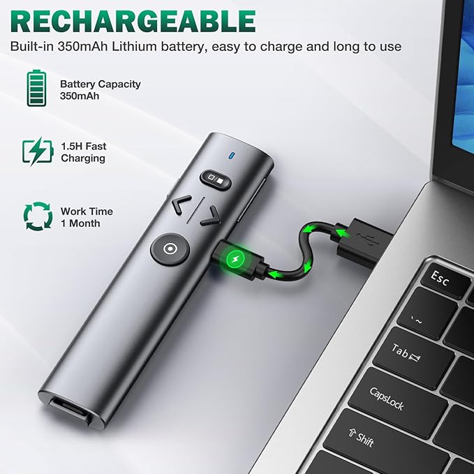 Wireless Presentation Clicker with Green Light Pointer, Clicker for Powerpoint Presentations with Volume Control, Rechargeable Long Range Presenter for Google Slide Keynote PC