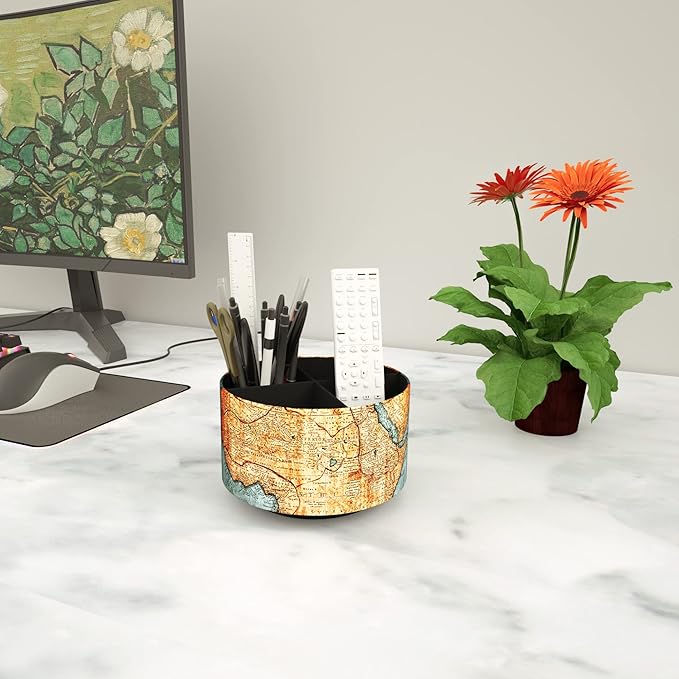 Hennaja Round Leather Art Supply Organizer,Remote Control Holder,360 Degree Rotating,Multi-Functional Pencil Holder,4 Compartments Desktop Stationary Organizer(1-Vintage Map)