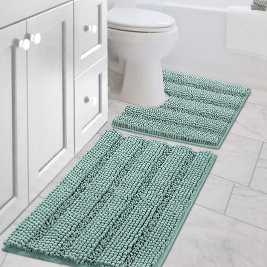 H.VERSAILTEX Bathroom Rugs Bath Rug Set 2 Piece Bathroom Contour Rug Toilet Mat Sets Non Slip Contour Bath Rug Ultra Thick Water Absorbent Striped Bath Mats(20" x 32" Plus 20" x 20" U, Eggshell Blue)