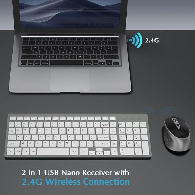Wireless Keyboard and Mouse, J JOYACCESS Slim and Ergonomic Wireless Keyboard and Mouse Combo,Portable and Comfortable Typing for Laptop/Computer/Desktop/PC-Grey/Silver