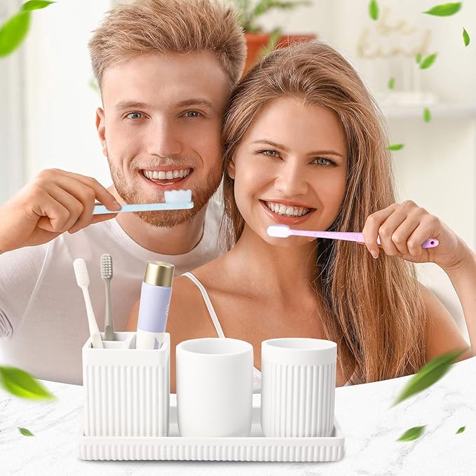 Resin Bathroom Toothbrush Holder Set, Matte White Bathroom Accessories Set 4 Pcs, Bathroom Tumbler Cup Tooth Brushing Cup Set with Tray, for Sink Countertop Modern Home Decor