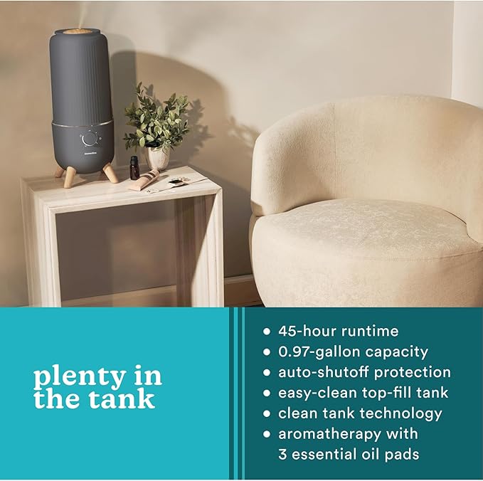 Homedics Ultrasonic Humidifier, Bedrooms and Home Offices, 0.97-Gallon Tank, 45-Hour Runtime, Visible Ultra-Quiet Cool Mist, Aromatherapy, Demineralization Cartridge, Night-Light, Auto-Off, Platinum