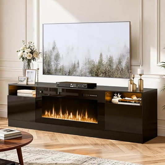 70" TV Stand with 36" Electric Fireplace, Large Modern Media Entertainment Center with Storage Cabinet and 12 Colors LED Lights for TVs Up to 80"