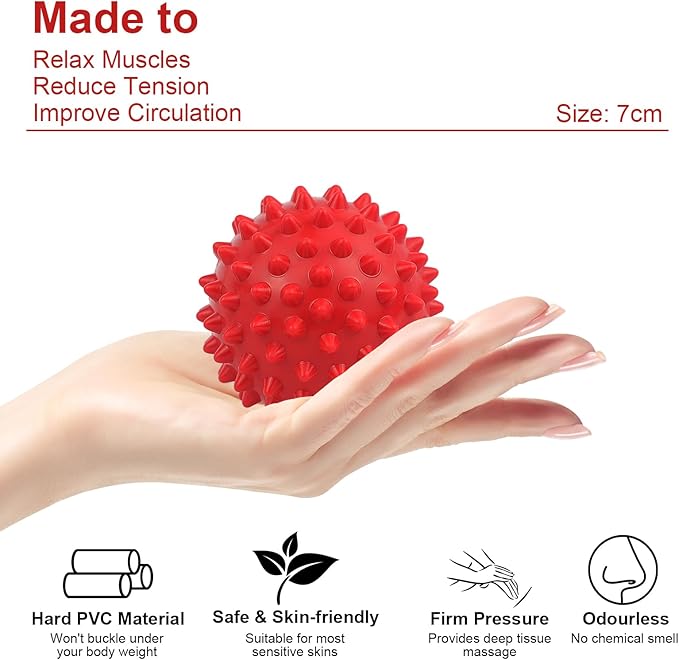 Massage Lacrosse Ball, Spiky Massage Ball, for Deep Tissue, Trigger Point and Myofascial Release, Muscle Knots, and Yoga Therapy (red-red)