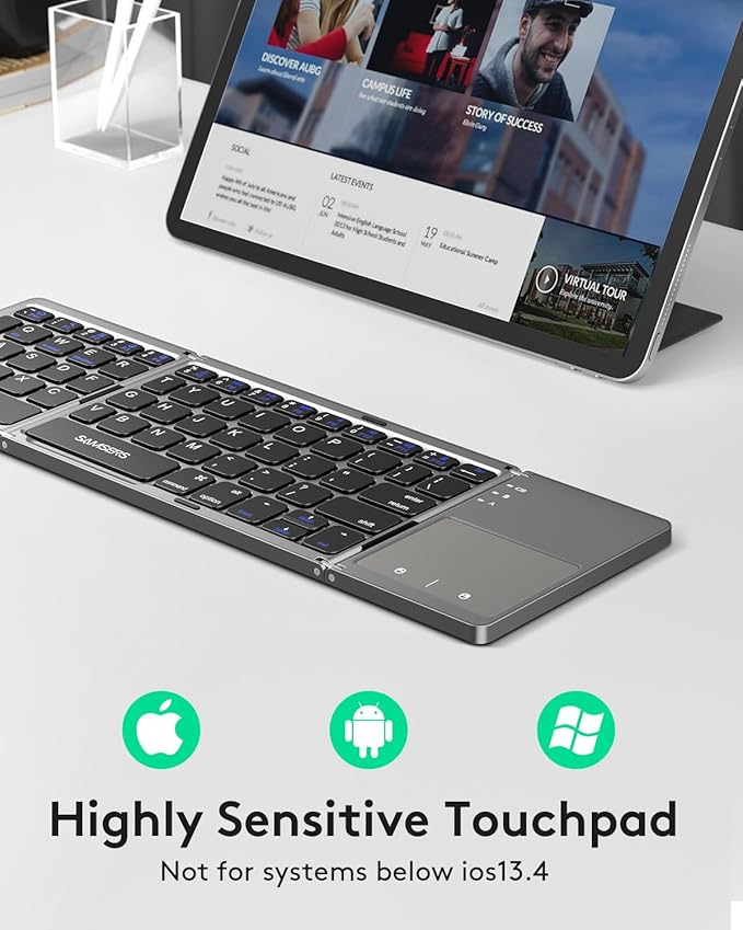 Samsers Foldable Bluetooth Keyboard with Touchpad, Portable Wireless Keyboard with Stand Holder, Rechargeable Full Size Ultra Slim Pocket Folding Keyboards for Android Windows IOS Tablet & Laptop-Gray
