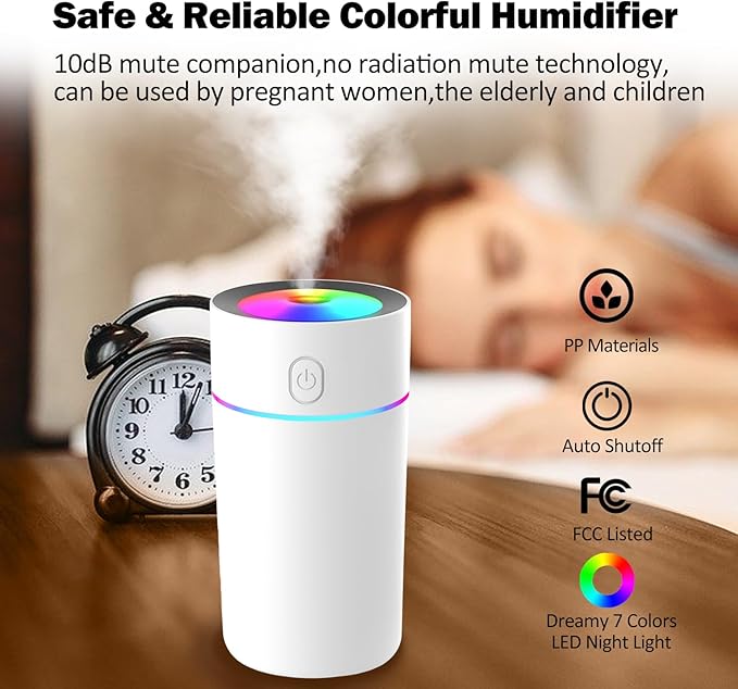 Portable Mini Humidifier with 7-color Lights, Cool Mist Small Desk Humidifiers Car Humidifier [2 Mist Modes] USB Personal Desktop Humidifiers for Bedroom, Office, Travel, Car, Plants, Super Quiet