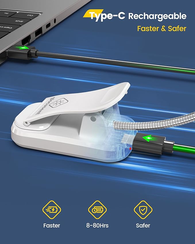 Glocusent Willow Book Light, 10LED, 3 Colors & 3 Brightness, Rechargeable, Lightweight, Clip on, Modern Design, Pure White, ABS Material, USB-C, 80hr Runtime, Ideal for Book Lovers