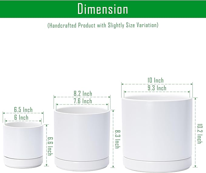 D'vine Dev 6 Inch & 8 Inch & 10 Inch, Set of 3 Round Ceramic Planter Pot with Drainage Hole and Saucer, White, 94-T-L-1