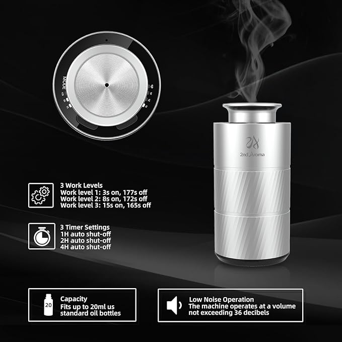 Car Aromatherapy Diffuser with Essential Oils, Portable Waterless Car Diffuser Air Freshener Battery Powered, Premium Aluminum 1/2/4H Timer 20ml Fragrance Machine for Men Woman Travel