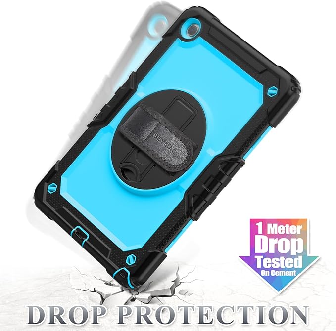 SEYMAC stock Case for Samsung Galaxy Tab A9+ Plus 11'', Full-Body Drop Protection Case with Screen Protector Pencil Holder [360° Rotating Hand Strap] &Stand, SkyBlue+Black