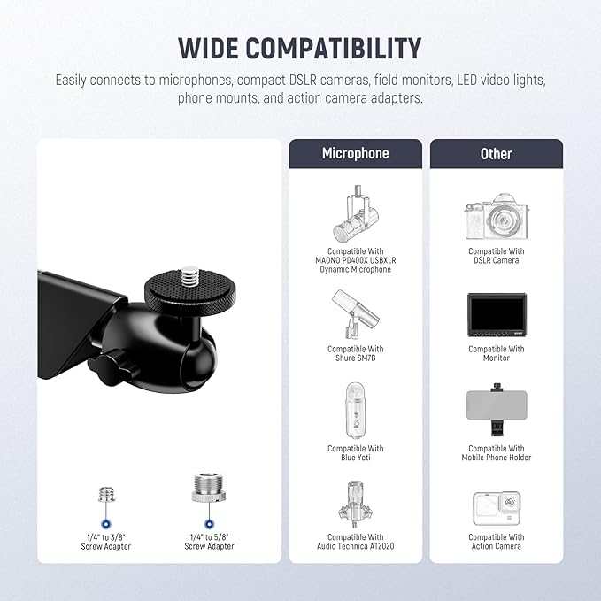 NEEWER Microphone Stand, Low Profile Damped Mic Holder Boom Arm Desk Mount with Ball Head & 3/8" 5/8" Adapters Compatible with Blue Yeti Snowball HyperX QuadCast SoloCast Shure, Max Load 3.3 lb, MS007