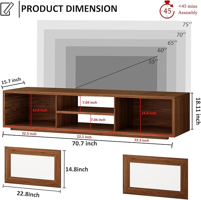 HSH 70" TV Stand for 75 inch TVs,Entertainment Center for Living Room with Storage,Farmhouse Walnut TV Stand Wood with Sliding Doors,Low Media Console Cabinet for Bedroom