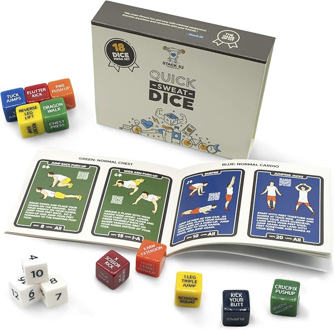 Stack 52 Quick Sweat Fitness Dice. Bodyweight Exercise Workout Game. Designed by a Military Fitness Expert. Video Instructions Included. No Equipment Needed. Burn Fat Build Muscle. (2019 Box Set)