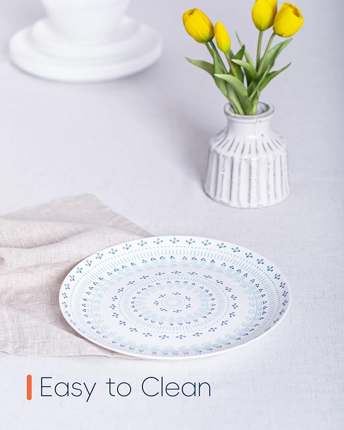 10.5 inch Dinner Plate Set of 6, Lightweight Round Opal Glass Dinnerware Plates, Dishwasher and Microwave Safe, Navy Geometric Floral Mandala Pattern