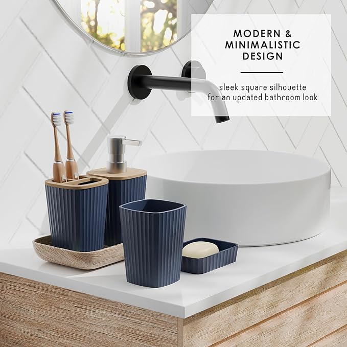 Clara Clark Bathroom Accessories Set - Navy Bathroom Set, 20PC Bathroom Accessory Set, Shower Curtain Set, Toilet Brush, Trash Can & Soap Dispenser