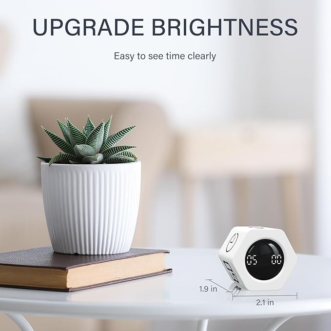 Rotating Pomodoro Timer 5, 25, 10 30,60 Mins Preset Stopwatch, Desk Flip ProductivityTimer, ADHD Tool Hexagon, Vibration/Mute/Alarm, for Work, Study, Back to School, Kitchen, White