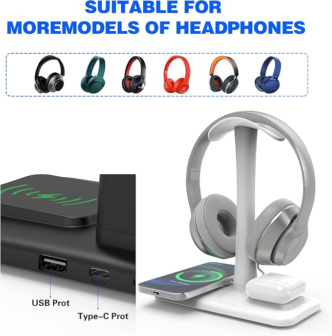 5 in 1 Headphone Stand with 15w Wireless Charger, Fast Wireless Charging Station Headset Holder for iPhone 15/14/13/12/11/XS/XR/X, Air Pods 3/2/Pro/2, Desk Gaming Headset Holder (White)