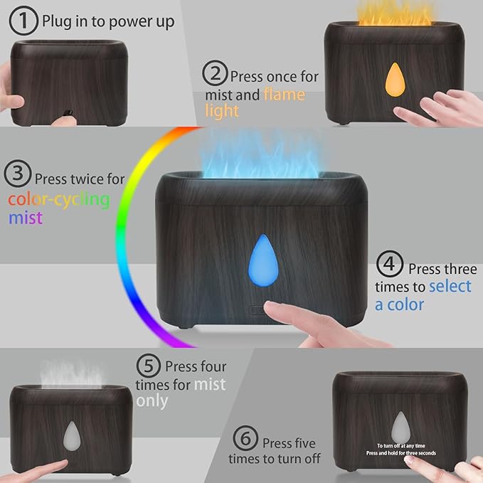 Flame Diffuser for Essential Oils, 200ml Ultrasonic Aroma Diffusers with Cool Mist, Aromatherapy Diffuser with Auto-Off Protection (Dark Wooden Grain(7 Colors), Peppermint+Lavender+Tea Tree+Lemon)