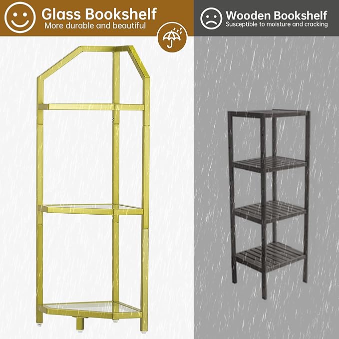 3-Tier Corner Shelf Stand, Gold Corner Bookshelf, Bathroom Storage Rack Shelf, Plant Rack, Tempered Glass, Steel Frame, Modern Style for Living Room, Bathroom, Kitchen, Metallic Gold
