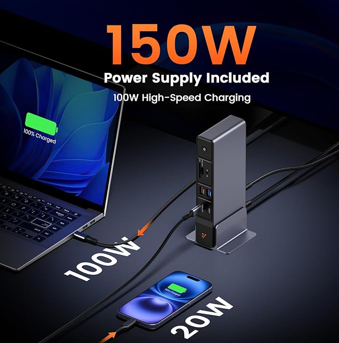 TobenONE USB C Docking Station 3 Monitors, 18-in-1 Triple 4K Display, 150W Power Adapter with 20W Fast Charging, 8 USB Ports up to 10Gbps, 2 HDMI/DP/USB C, for Windows/Chrome OS