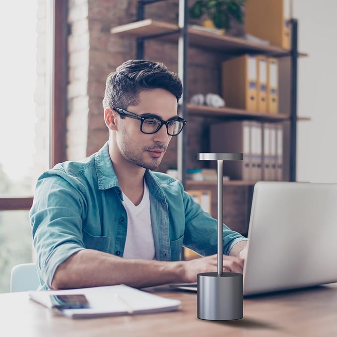 LED Cordless Table Lamps Set of 2, Portable Rechargeable 5000mAh Battery Powered Lamp, Metal 3 Color Stepless Dimming Table Light for Outdoor/Patio/Restaurant/Home. (Grey)