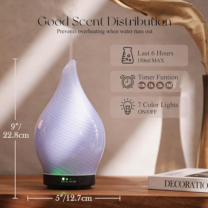 Porseme 150ml Essential Oil Diffuser Glass Color Changing Aroma Air Diffusers Aromatherapy Ultrasonic Cool Mist Humidifier 6 Running Hours Waterless Auto-Off for Sleeping Yoga Office Spa (Pure Purple)