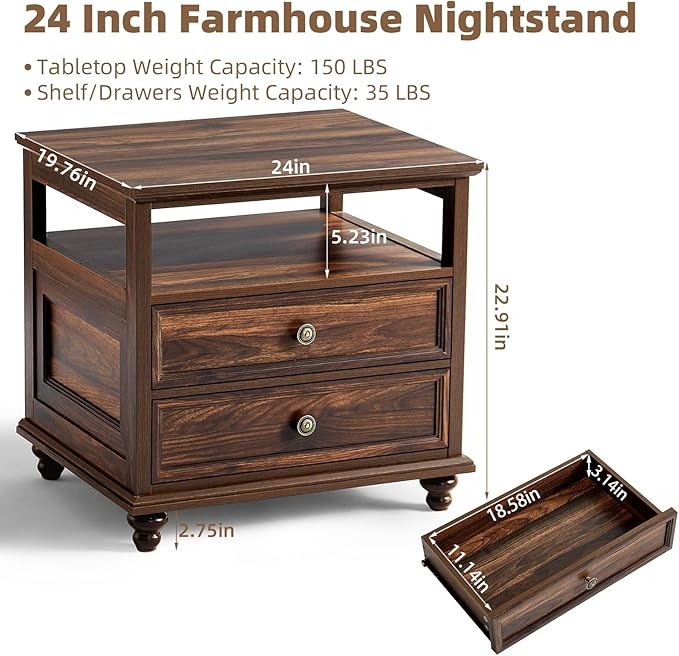 24" Wide Farmhouse Night Stand Set of 2,Large End Table with 2 Drawers & Metal Handle,Brown Wood Dresser for Bedroom, Bed Side Table Chest of Drawers Cabinet, Nightstand for Living Room,Closet