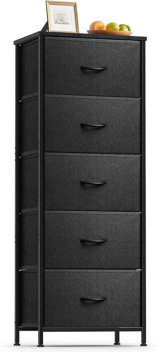 5 Fabric Drawer Dresser for Bedroom, Chest of Drawers with Waterproof Wood Top Tall Dresser for Hallway, Living Room, Kid Room (Charcoal Black)
