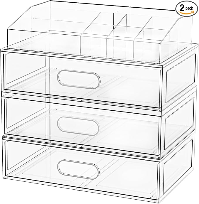 Clear Stackable Makeup Organizer with Drawer, 12''W Acrylic Storage Drawers, Cosmetic Display Case for Vanity Bathroom Countertop, Beauty Holder for Lipstick Brush Skincare Perfume (4 Pack)