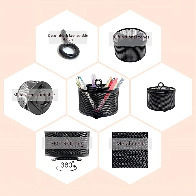 SETTFRFE Metal Mesh Desk Organizer,360°Rotating Pen Holder, Black Pencil Container with 6 Compartments, Office Supplies Organizer for Students, Home, Workspace
