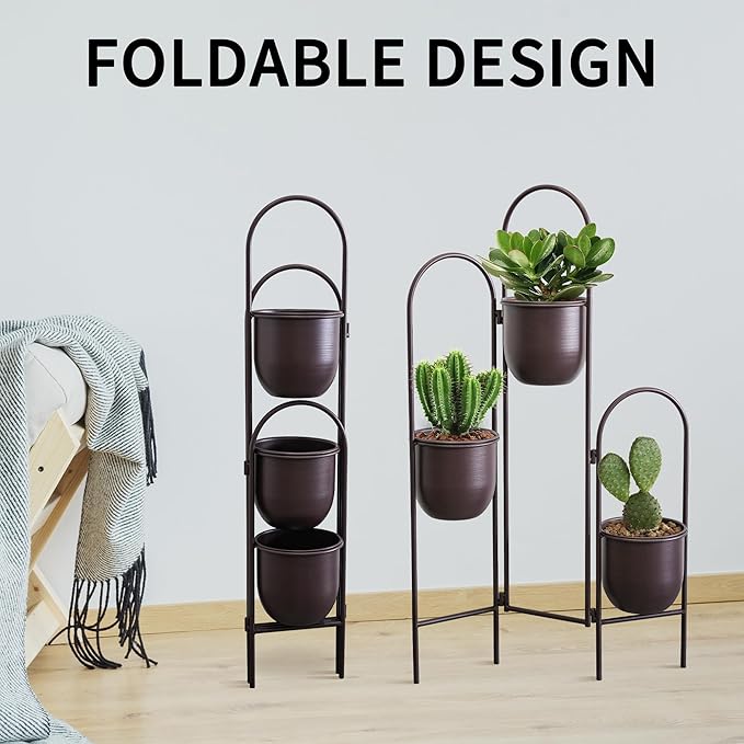 TRIROCKS Metal Plant Stand Indoor Outdoor, 3 Tier 35" H Corner Plant Pot Stand for Multiple Plants, Folding Space-Saving Planter with Stand for Living Room Balcony Patio Garden（Brown ）
