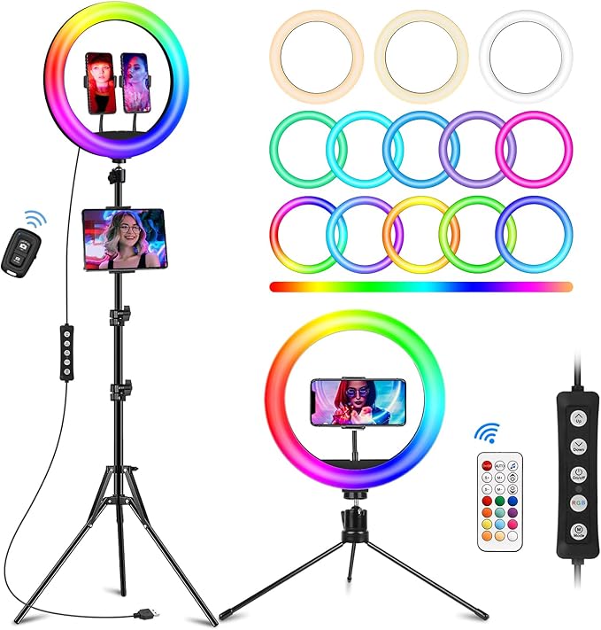 STALLY 12.3" Ring Light with Stand 75" Tall and 2 Phone Holder, Ring Light Tripod for iPhone with 3 CCT Mode & 29 Color Modes, Remote Shutter, Desk Tripod, Great for Live Stream/Makeup/YouTube/TikTok