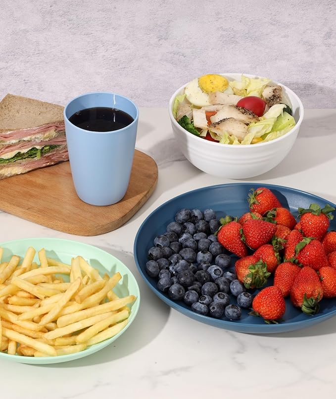 Quatish 32 Piece Plates and Bowls Sets for 8, Unbreakable Dinnerware Sets, Plastic Dish Set for Camping, Dishwasher & Microwave Safe, Outdoor Kitchen and Apartment Dinning RV Essentials, Blue