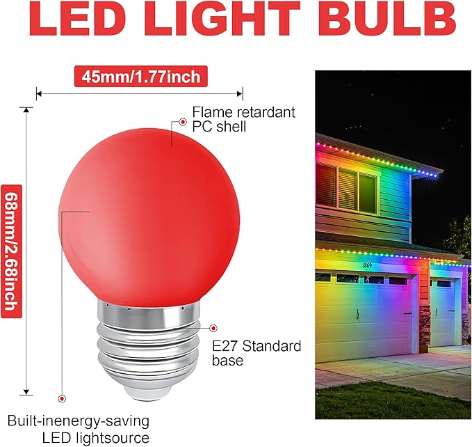 LED Colored Light Bulbs, E27 Small Light Bulb, G45 1W LED Bulb, Purple Yellow Green Red Blue for Bedroom Wedding Halloween Christmas Party Bar Mood Decoration,10 Pack