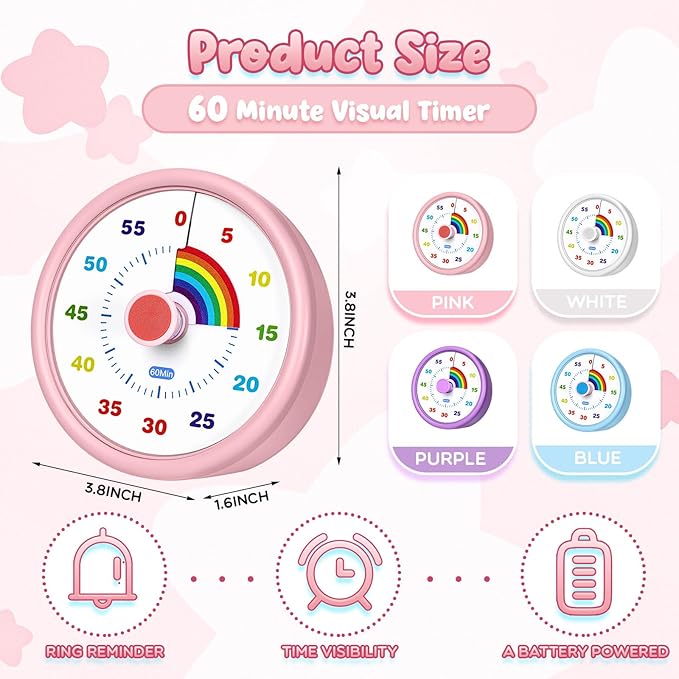4 Pcs 60 Minute Visual Timer Colored Countdown Clock Time Management Tools with Silent Operation for Home School Supplies Study Office (Rainbow,Purple,Blue,Pink,White)