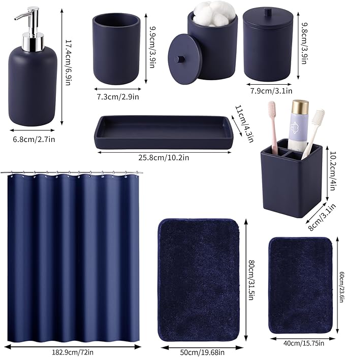 21 Pcs Bathroom Accessory Set with Waterproof Shower Curtain and Non Slip Mat,Resin Bath Set with Toothbrush Holder and Lotion Soap Dispenser,Bathroom Countertop Organizer Set for Home Apartment
