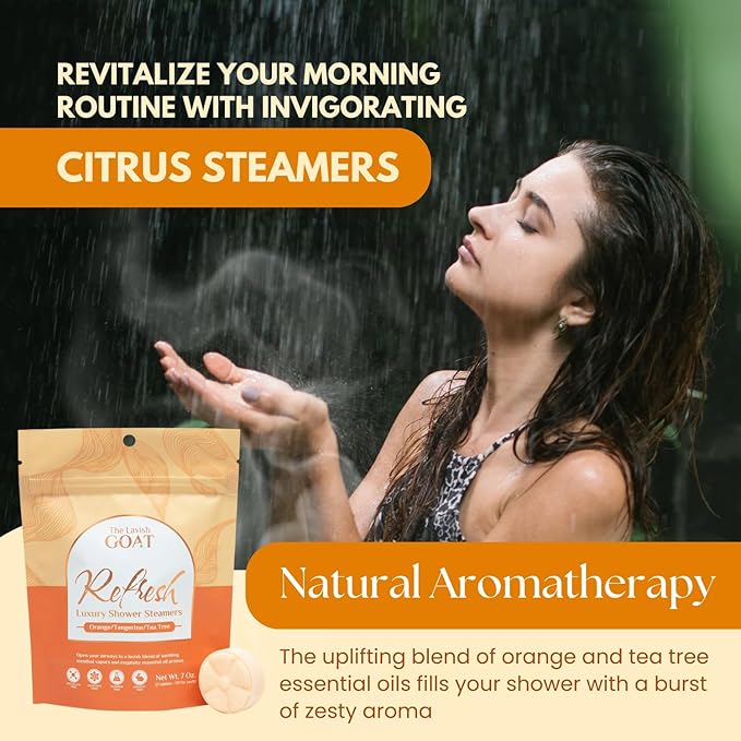 TLG Refresh Shower Steamers Aromatherapy 7 Pack – USA Made with Extra Menthol and Orange & Tea Tree Essential Oils – Shower Bomb for Relaxation, Citrus Shower Tablets – Gift for Men & Women