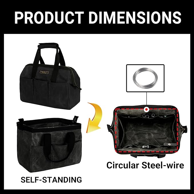 Heavy-Duty 16oz Waxed Canvas Tool Tote Bag - 15" Wide Mouth Open Top Organizer with 15 Pockets | Multi-Purpose Storage for Tools, Hardware & DIY Supplies (Black)