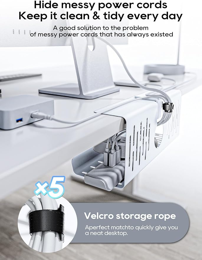 NODOCA No Drill Under Desk Cable Management Tray, 14'' Wire Management, Punch-Free Clamp on, Metal Cable Tray, Wire Organizer Under Desk, Under Desk Basket for Office and Home, White(2 Packs)