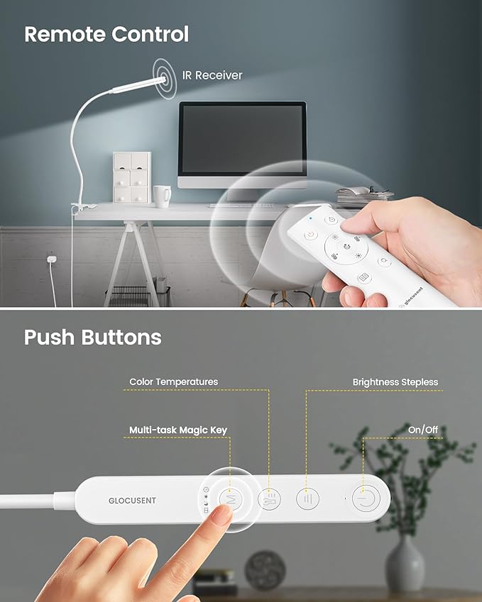 Glocusent 38 LED Clip On Light: 5W Eye Caring Book Lights for Reading at Night - 5 Color & 5 Brightness with a Remote, 30-Min Auto Off Timer, Multi-Purpose Clip Lamp for Bed Reading/Studying/Working