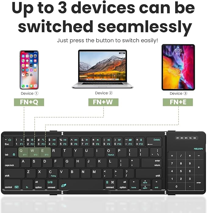 Nillkin Pocket Foldable Wireless Keyboard with Touchpad Numerical Pad for Travel Meeting for Tablet, Mobile Phone,Laptop, Full Size (Small) Keyboard (Black)