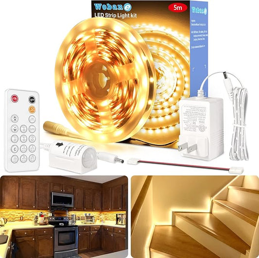 WOBANE LED Strip Lights, Motion Sensor Light Strip with Remote and Adapter, Night Light, Dimmable Function, 16.4ft Tape Lighting for Kitchen, Under Cabinet, Bedroom, Shelf, Bed, 3000K Warm White