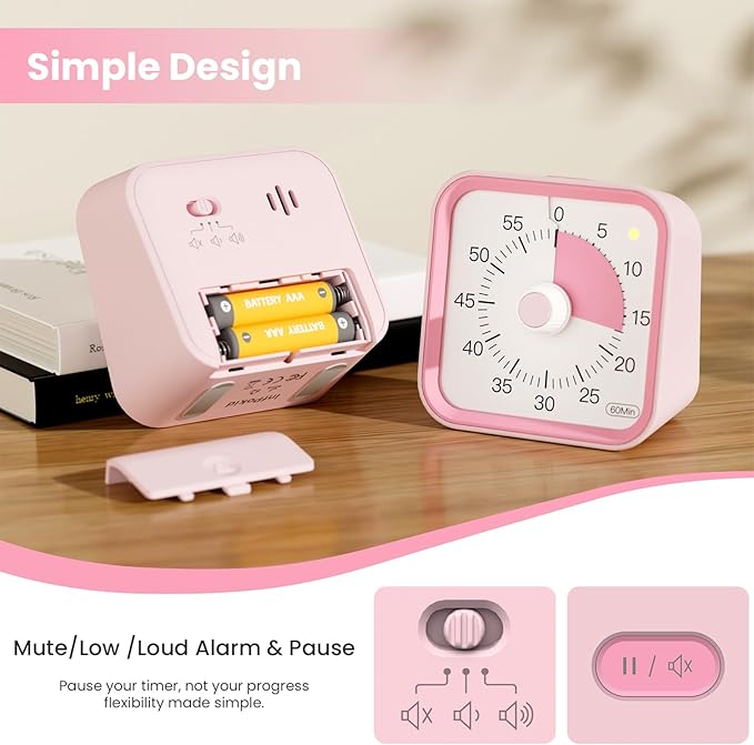 Visual Timer for Kids with Pause Function, 60 Minute Countdown Timer for Kids Desk Study, Teaching, Kitchen Cooking, Office Meetings, Time Management for ADHD (Pink)